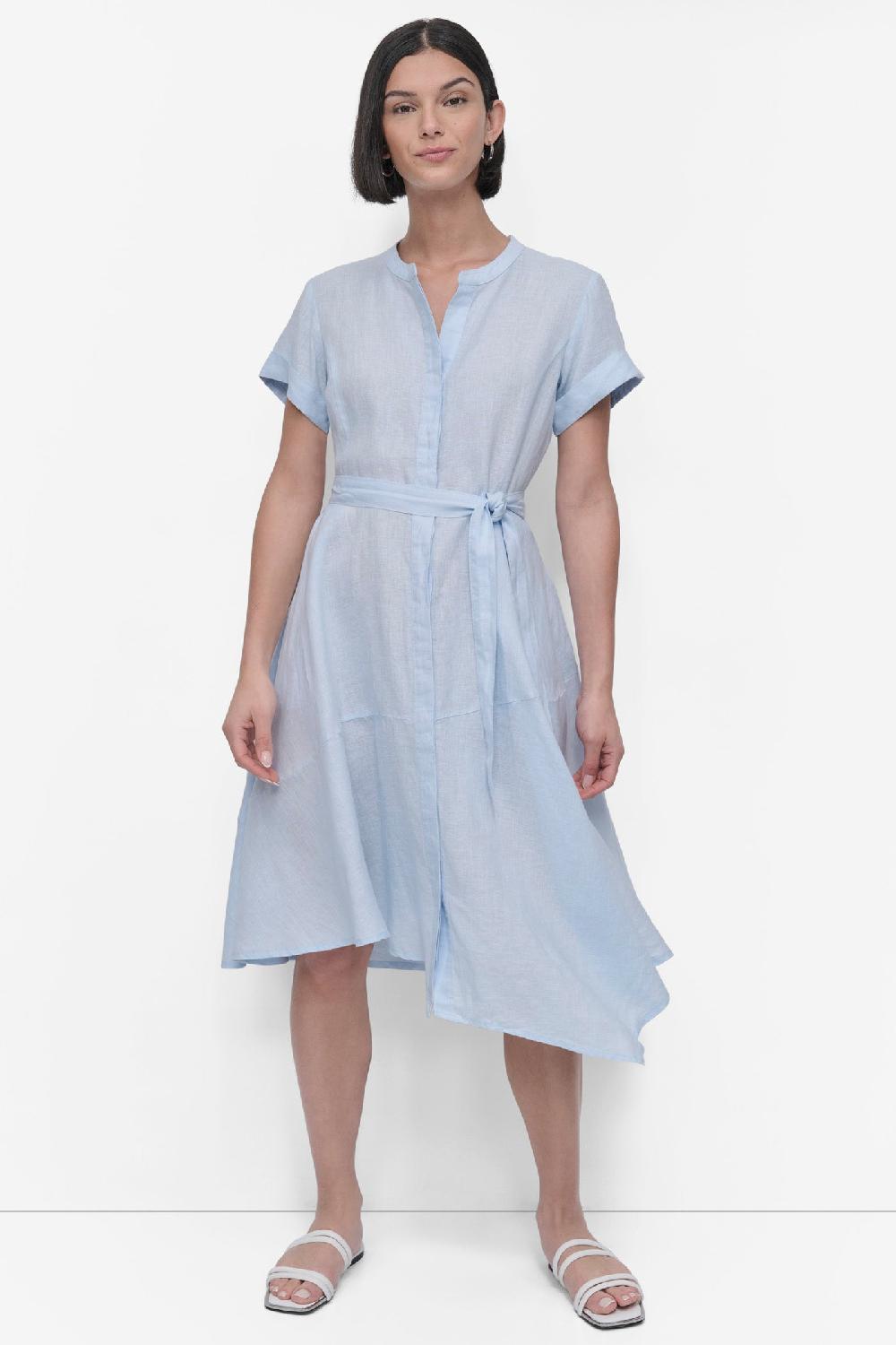 dkny SHORT SLEEVE LINEN WRAP DRESS Skyway Blue
