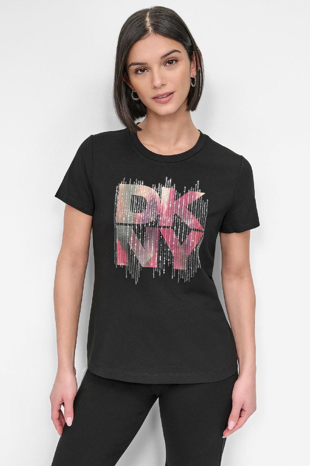 dkny SHORT SLEEVE PRINTED STACK LOGO TEE Black