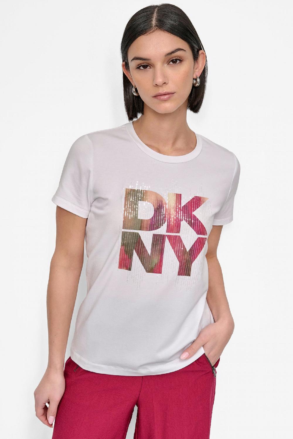 dkny SHORT SLEEVE PRINTED STACK LOGO TEE White