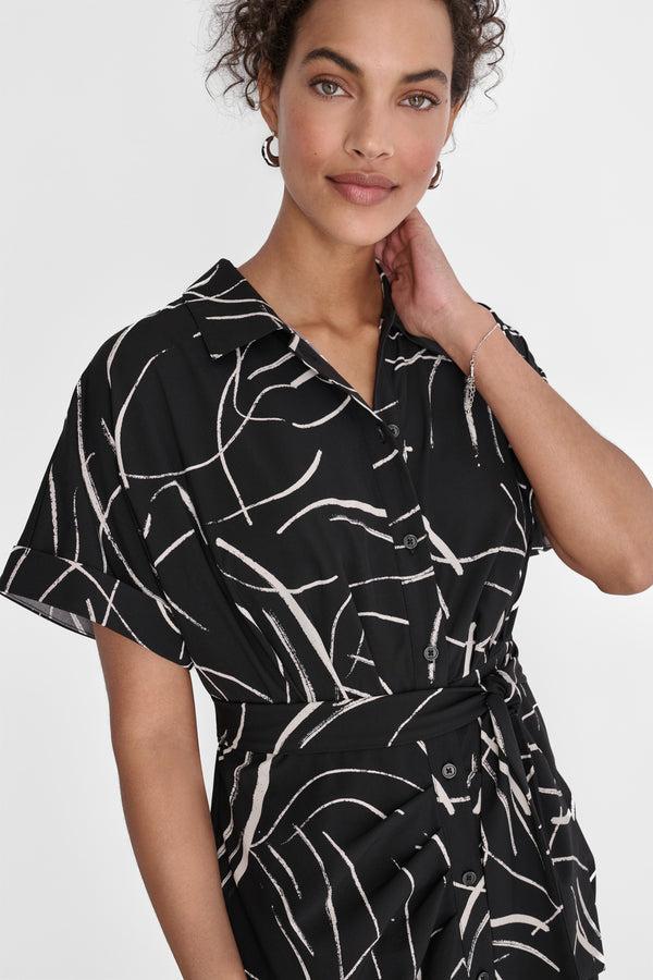 Dkny SHORT SLEEVE RUCHED DRESS BLACK/CREAM