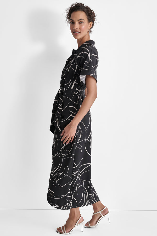 Dkny SHORT SLEEVE RUCHED DRESS BLACK/CREAM