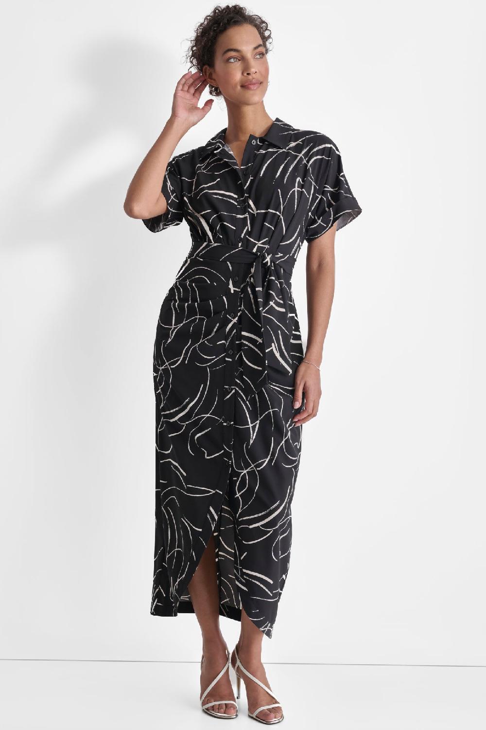 dkny SHORT SLEEVE RUCHED DRESS BLACK/CREAM