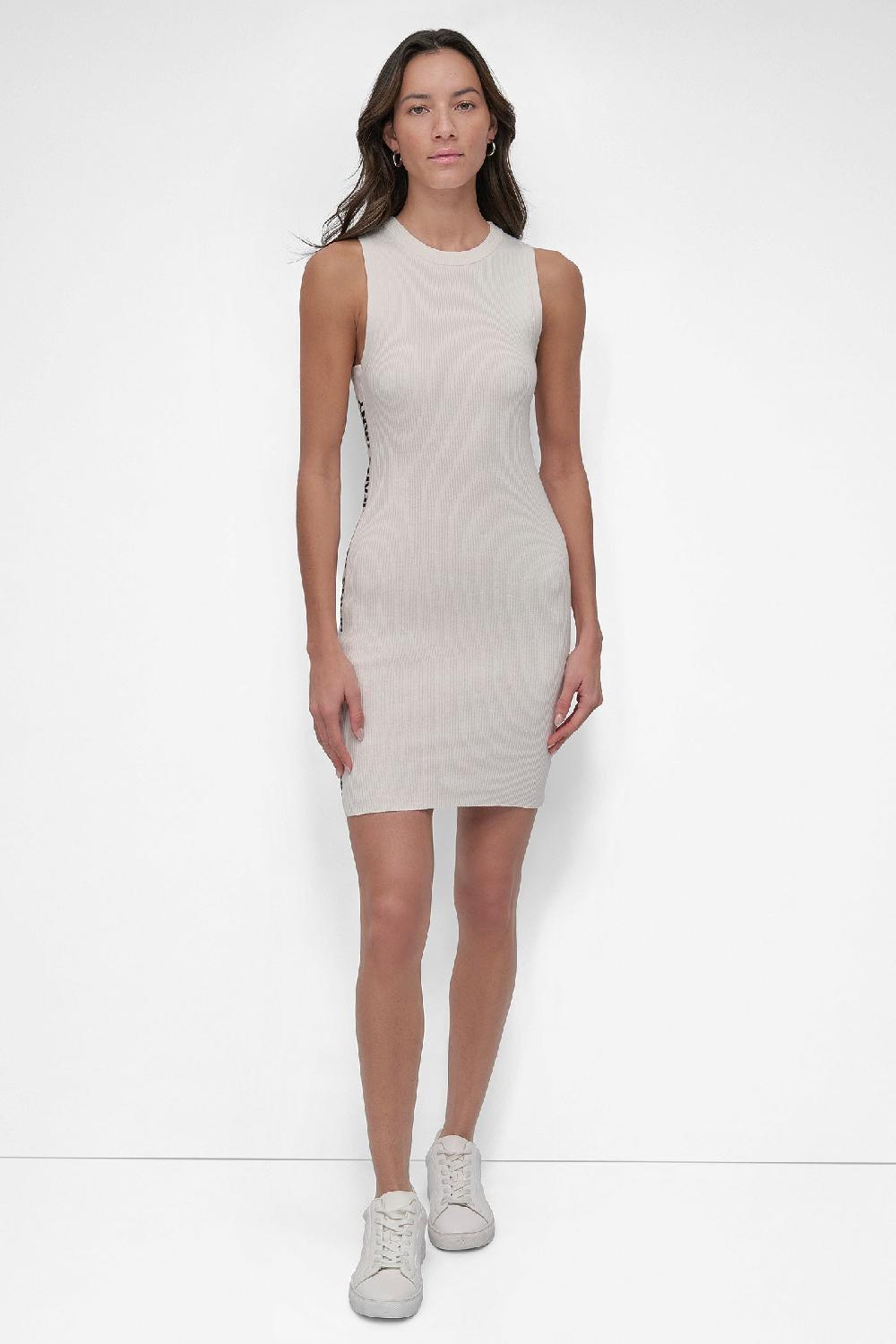 dkny SIDE LOGO RIB MINI DRESS IVORY/BLACK