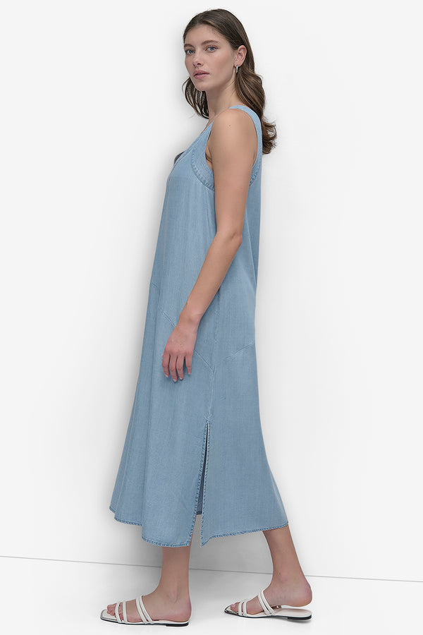 Dkny SLEEVELES V NECK TENCEL DRESS LIGHT CHAMBRAY