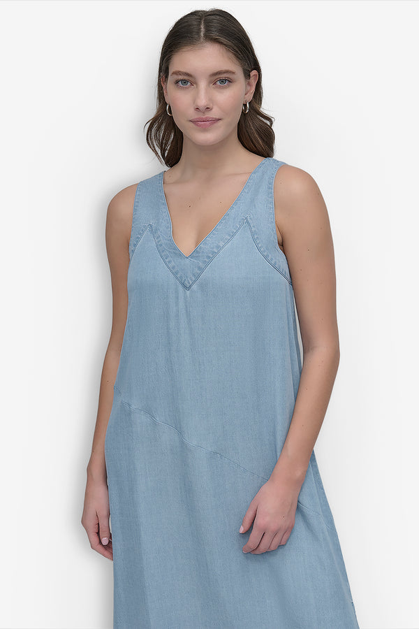 Dkny SLEEVELES V NECK TENCEL DRESS LIGHT CHAMBRAY