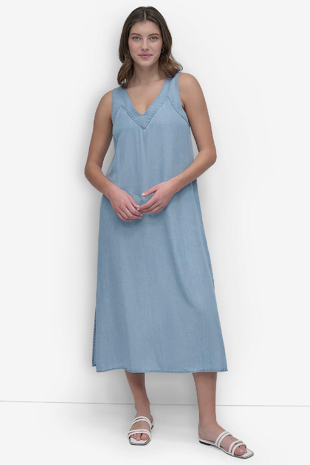 dkny SLEEVELES V NECK TENCEL DRESS LIGHT CHAMBRAY