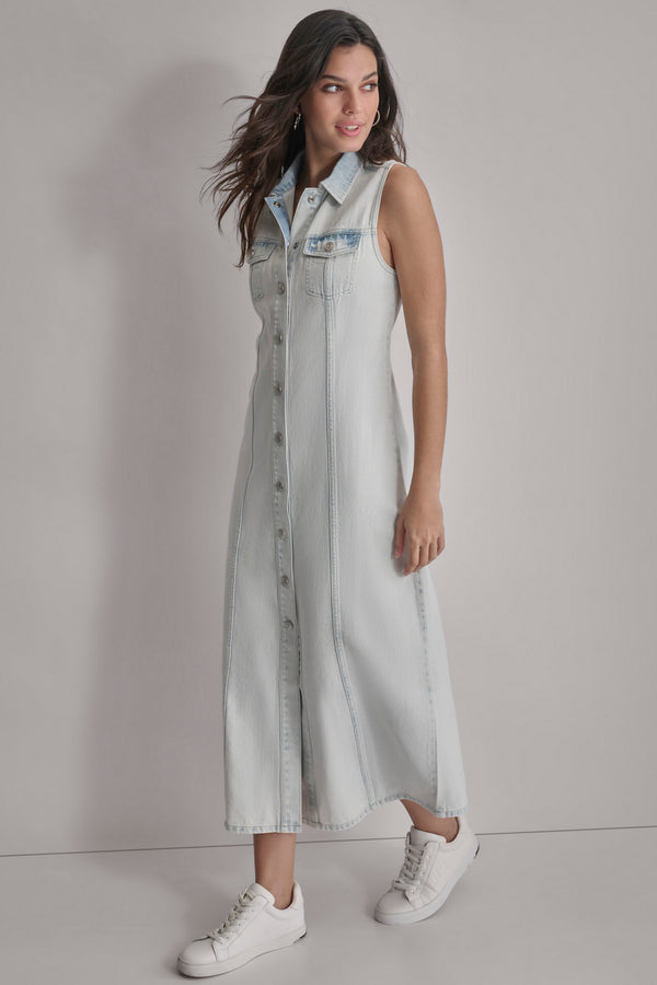 Dkny SLEEVELESS DENIM MAXI SHIRT DRESS BILLBOARD