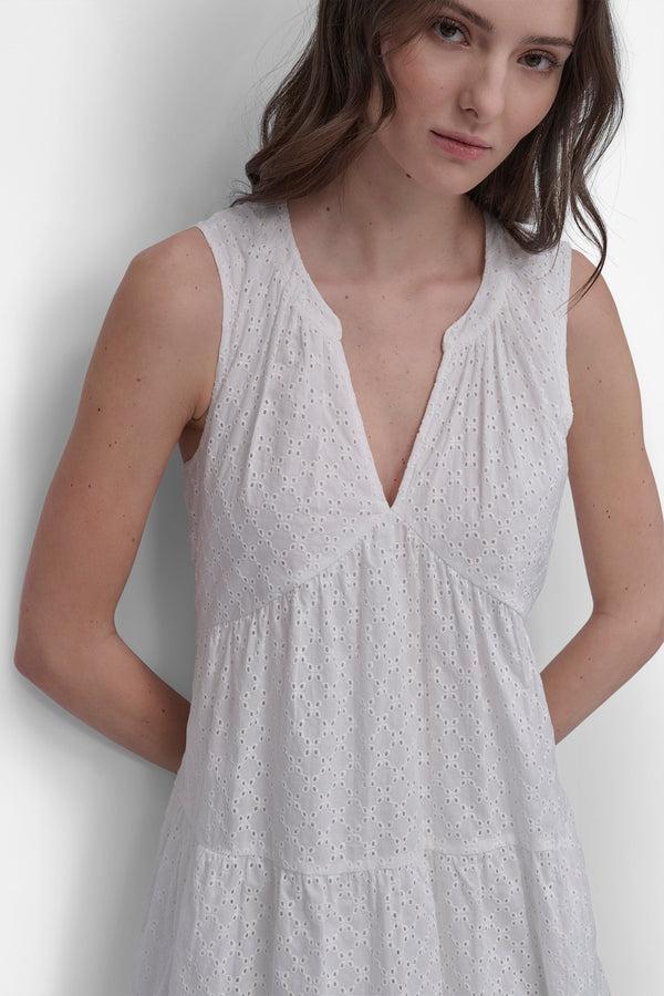 Dkny SLEEVELESS EYELET TIERED DRESS CLOVER WHITE