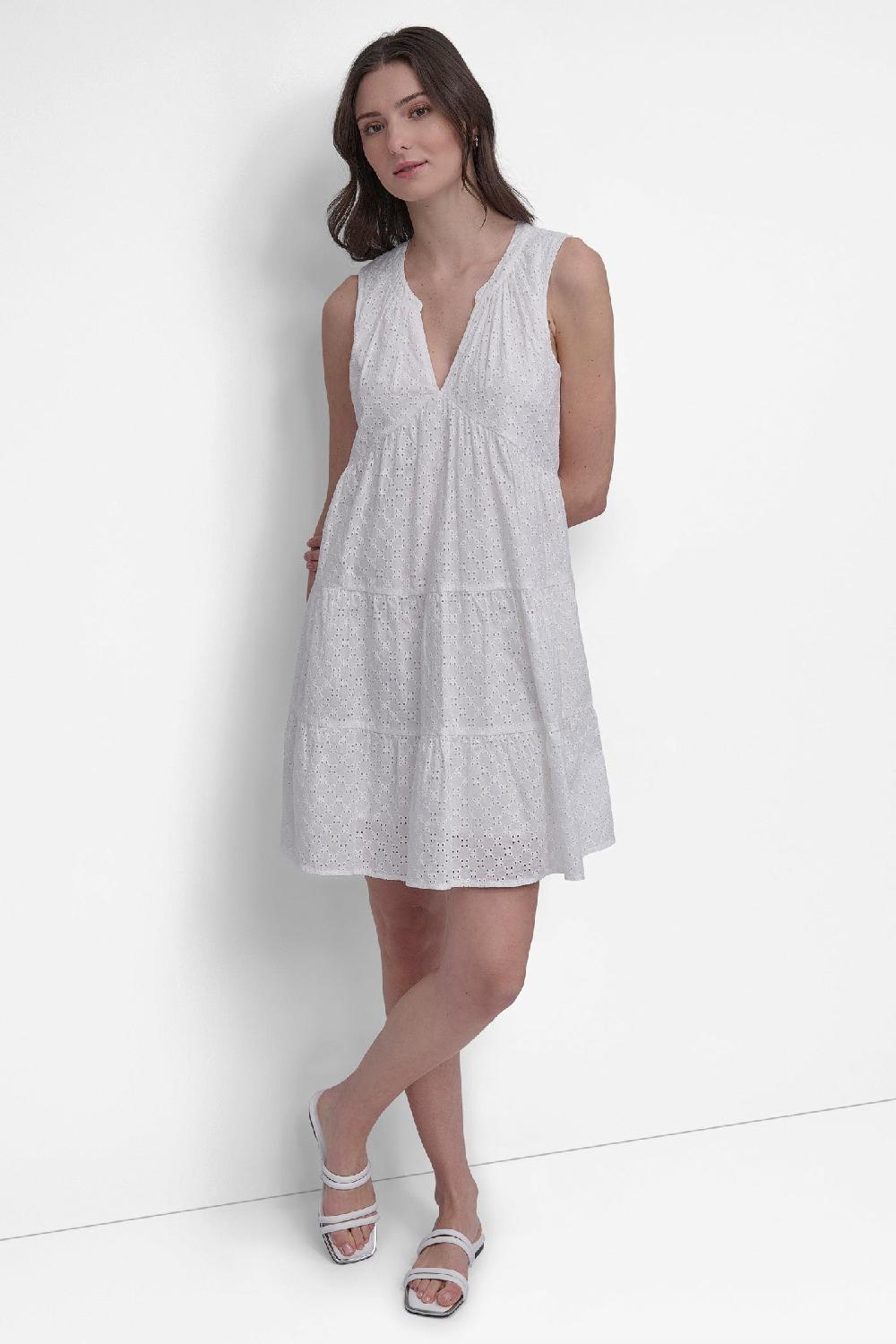 dkny SLEEVELESS EYELET TIERED DRESS CLOVER WHITE