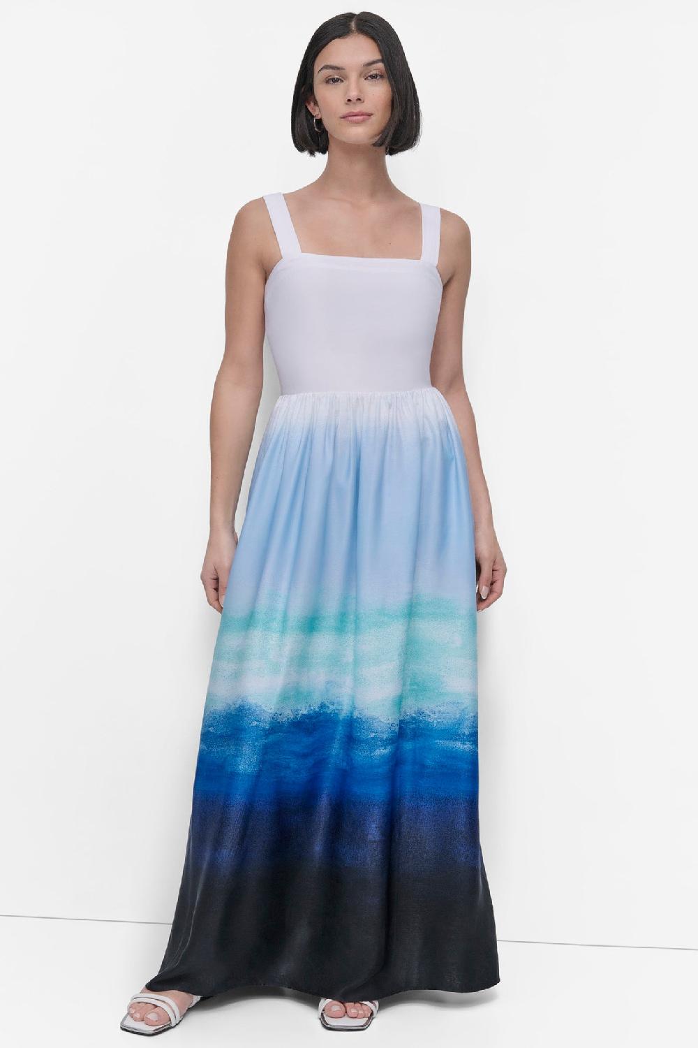 dkny SLEEVELESS PRINTED SATIN DRESS SEAFOAM OMBRE