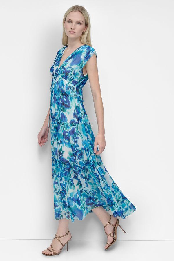 Dkny SLEEVELESS TIERED MAXI INDIGO BLUE MULTI