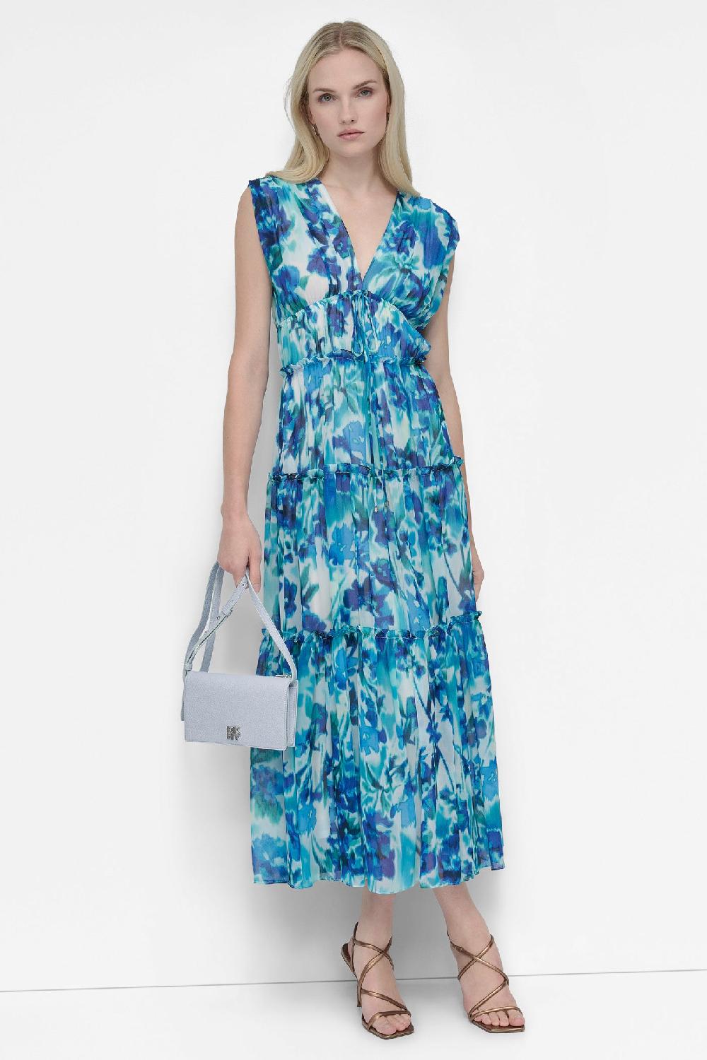 dkny SLEEVELESS TIERED MAXI INDIGO BLUE MULTI