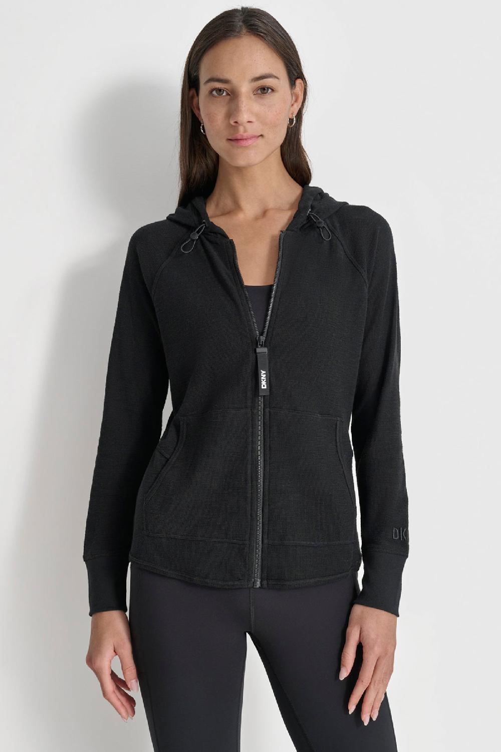 dkny SLUB WAFFLE KNIT HOODIE BLACK