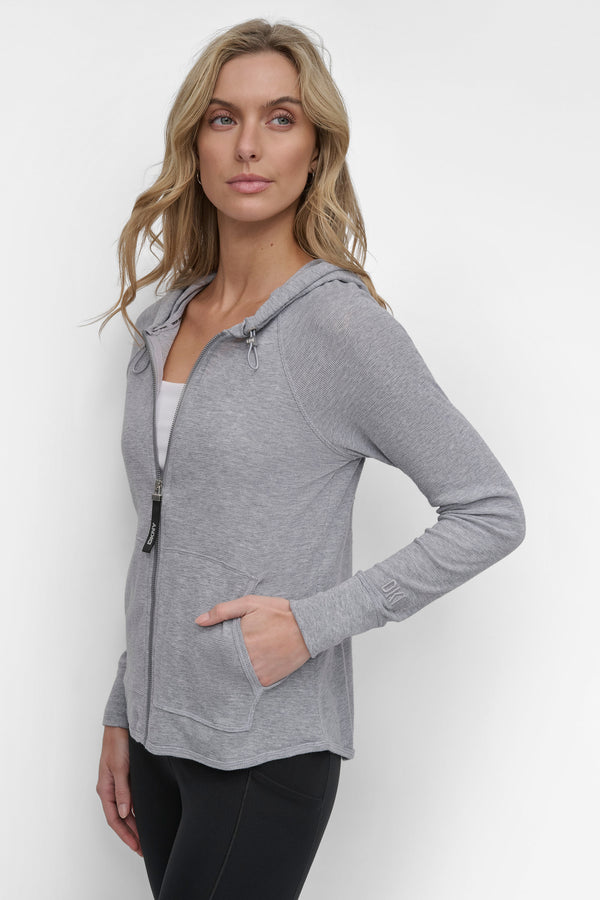 Dkny SLUB WAFFLE KNIT HOODIE PEARL HEATHER GREY