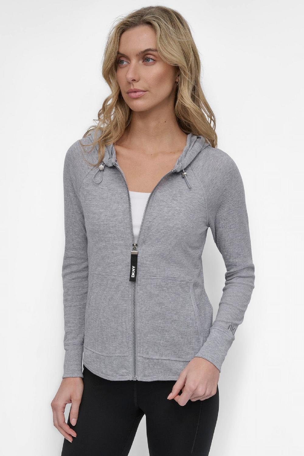 dkny SLUB WAFFLE KNIT HOODIE PEARL HEATHER GREY