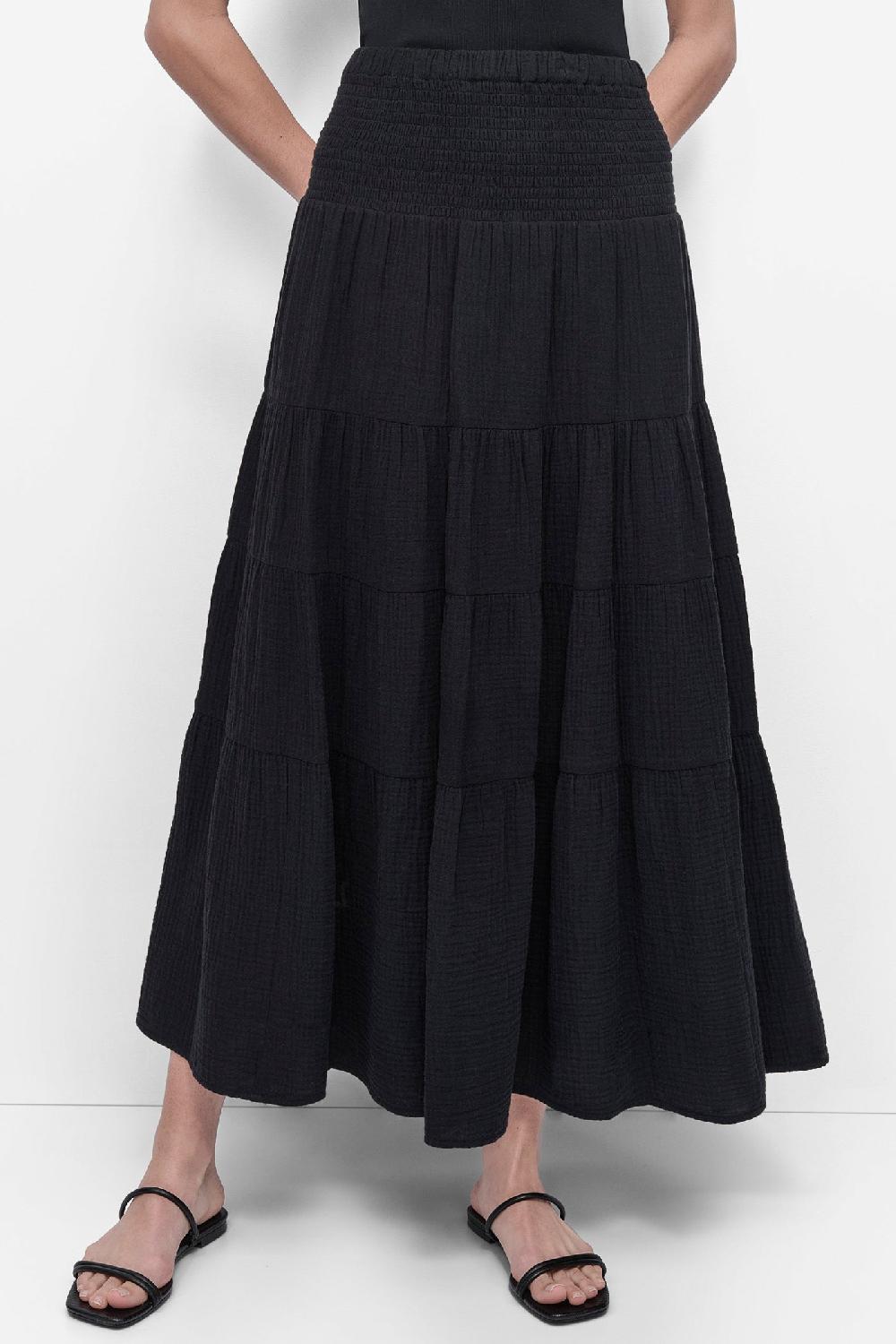 dkny SMOCKED WAIST MIDI SKIRT Black
