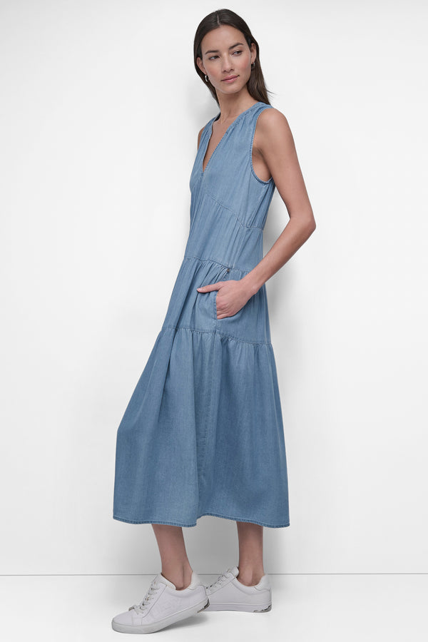 Dkny TENCEL TIERED MIDI SWING DRESS CHAMBRAY