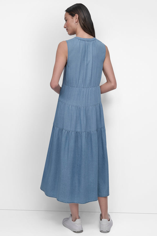 Dkny TENCEL TIERED MIDI SWING DRESS CHAMBRAY