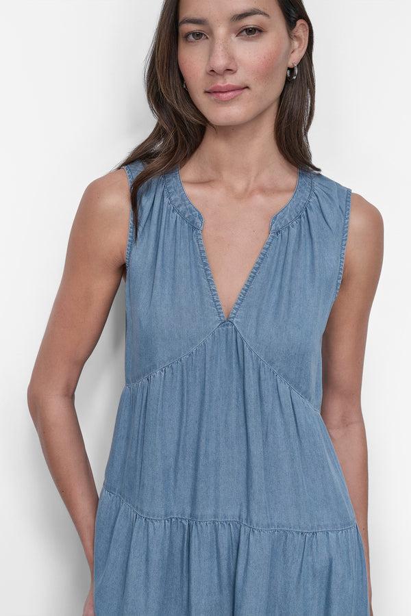 Dkny TENCEL TIERED MIDI SWING DRESS CHAMBRAY