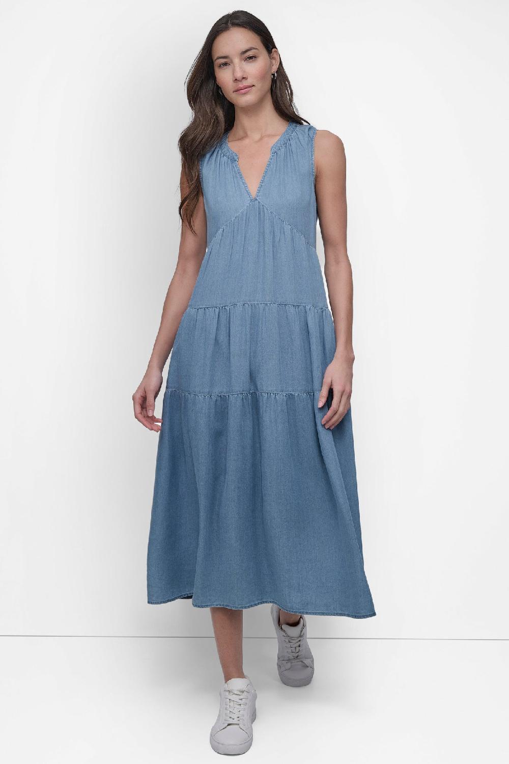 dkny TENCEL TIERED MIDI SWING DRESS CHAMBRAY