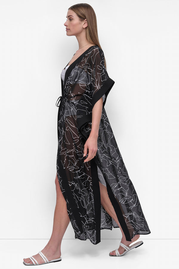 Dkny TIE-FRONT MAXI KAFTAN JUMBO OUTLINED FLORAL