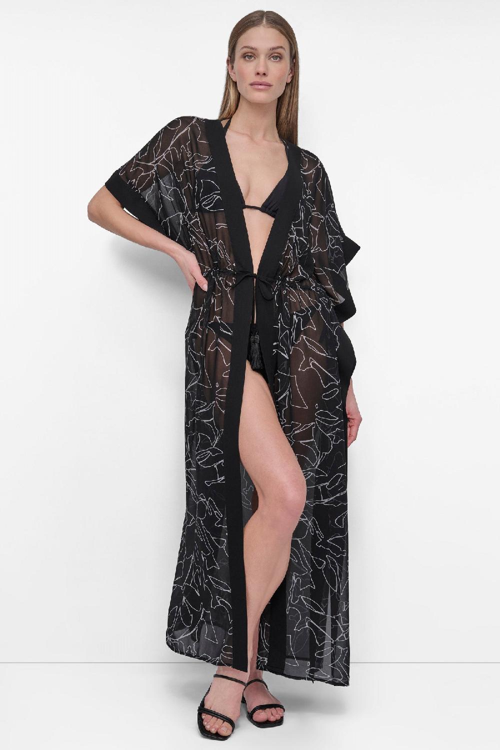 dkny TIE-FRONT MAXI KAFTAN JUMBO OUTLINED FLORAL