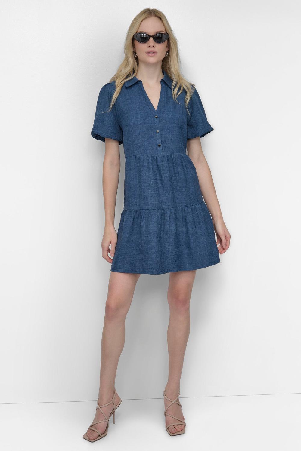 dkny TIERED A-LINE MINI SHIRT DRESS Denim