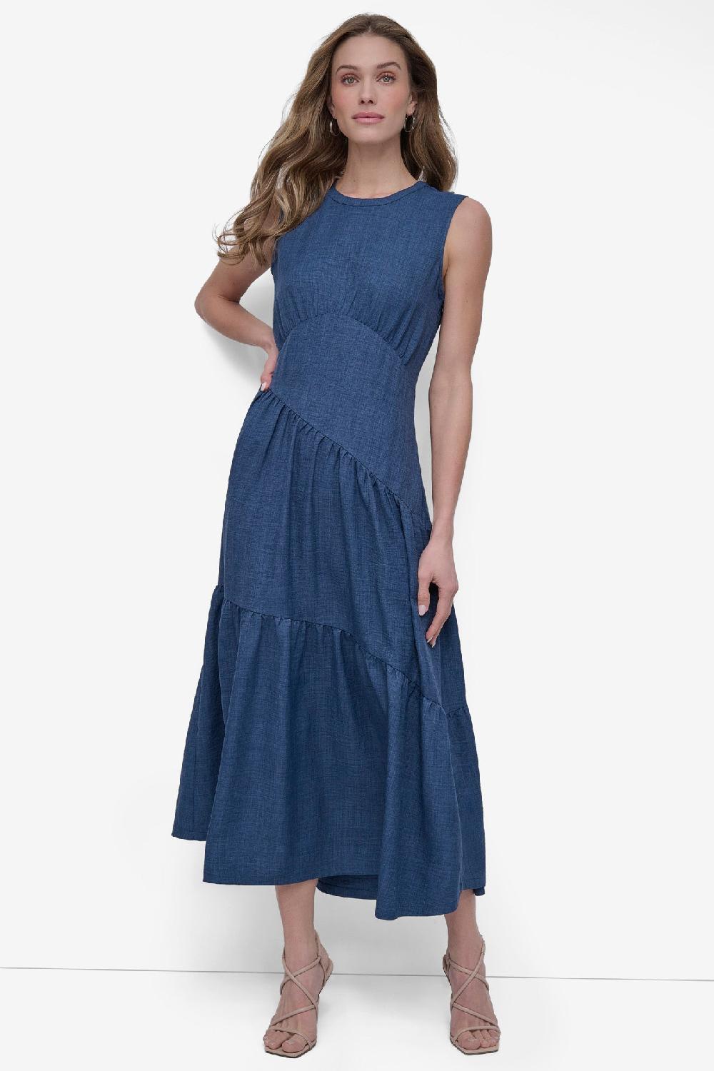 dkny TIERED ASYMMETRIC MAXI DRESS Denim