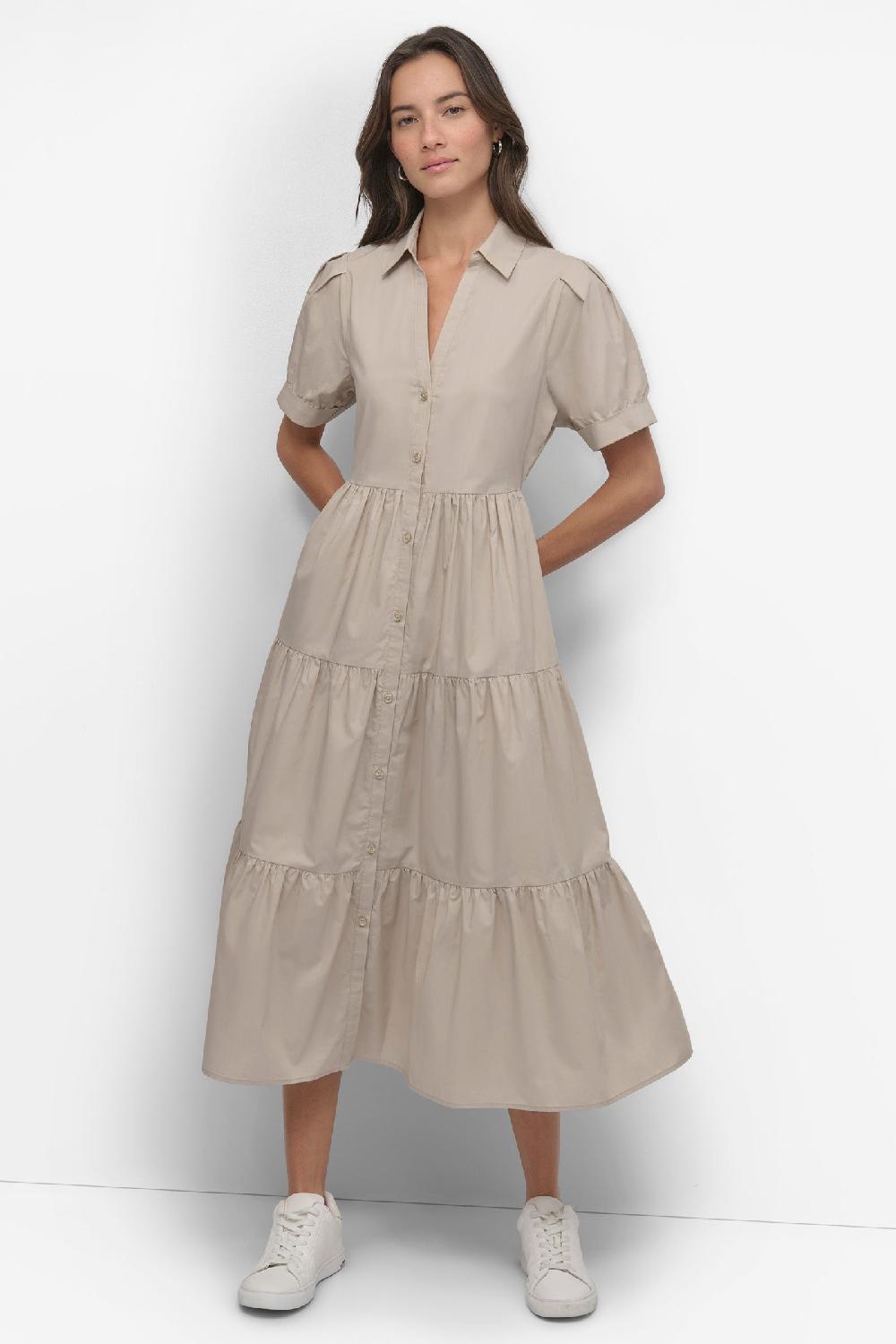 dkny TIERED MIDI SHIRT DRESS Pebble
