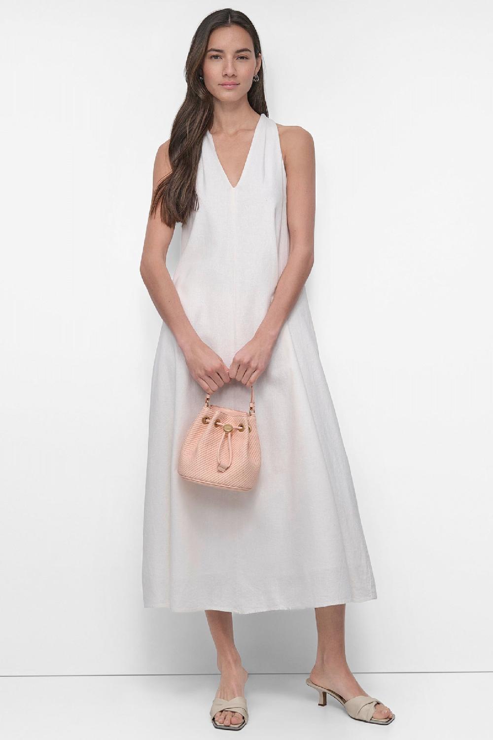 dkny TWIST RACERBACK MIDI SWING DRESS IVORY