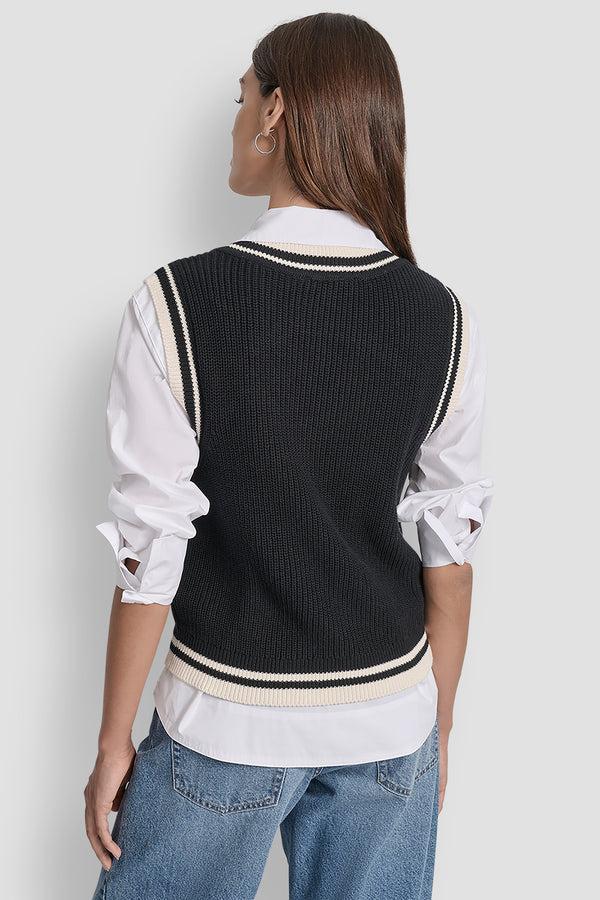 Dkny V-NECK TIPPED SLEEVELESS SWEATER BLACK/EGGNOG