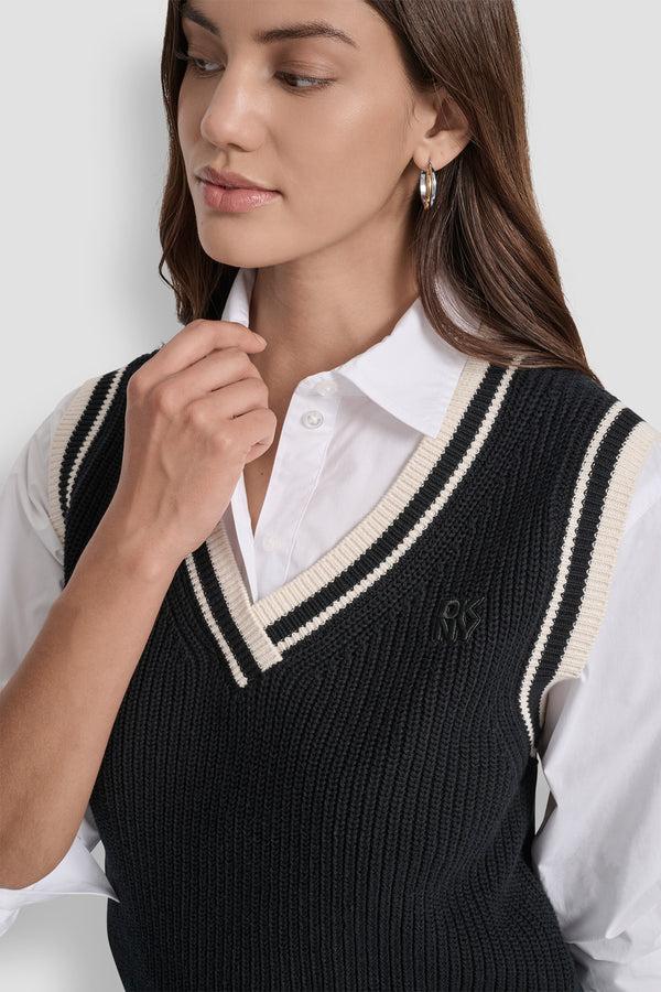 Dkny V-NECK TIPPED SLEEVELESS SWEATER BLACK/EGGNOG