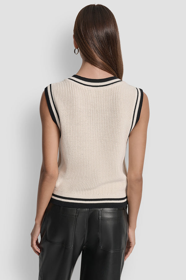 Dkny V-NECK TIPPED SLEEVELESS SWEATER EGGNOG/BLACK