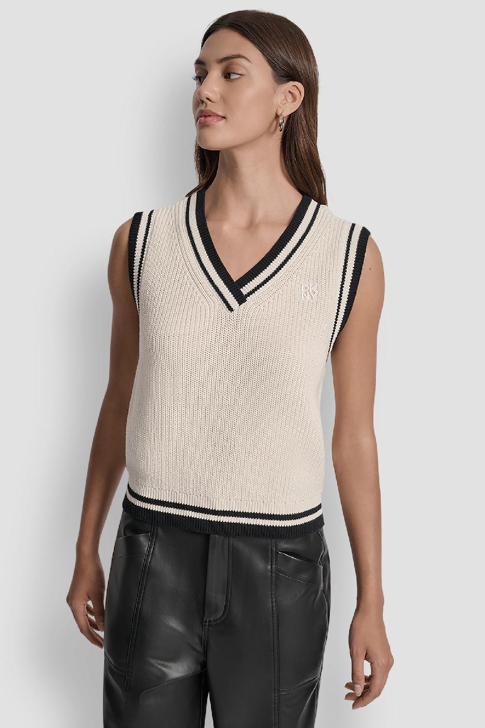 dkny V-NECK TIPPED SLEEVELESS SWEATER EGGNOG/BLACK