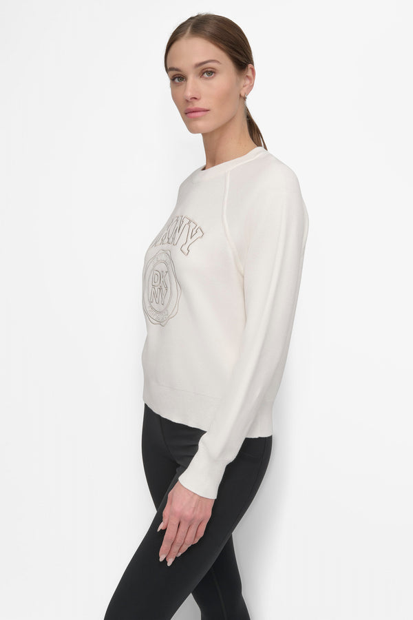 Dkny VARSITY EMBROIDERY CREW PULLOVER Ivory/Pebble