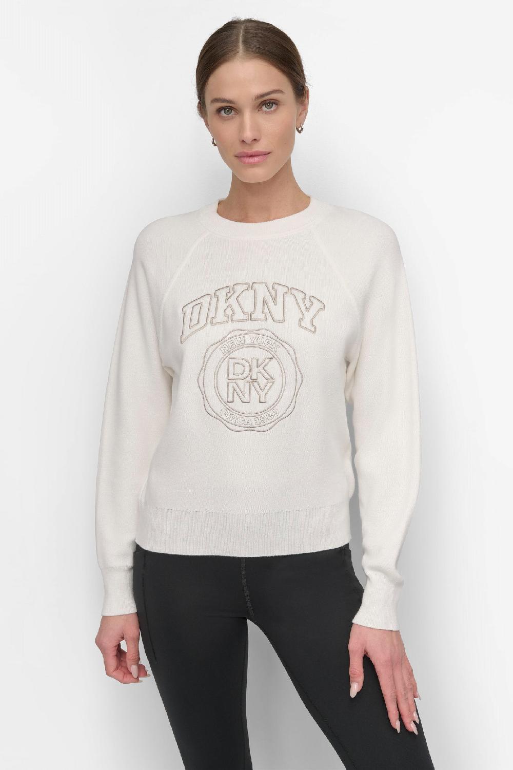 dkny VARSITY EMBROIDERY CREW PULLOVER Ivory/Pebble