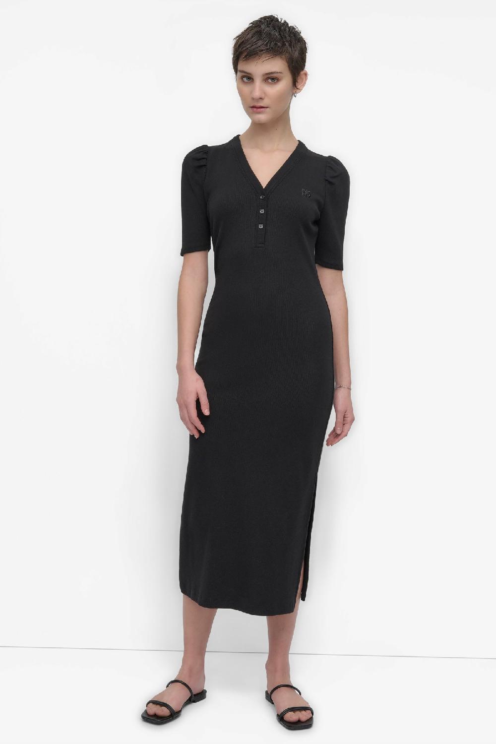 dkny VNECK HENLEY LONG SLEEVE DRESS BLACK