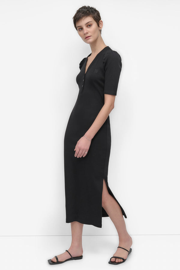 Dkny VNECK HENLEY LONG SLEEVE DRESS BLACK