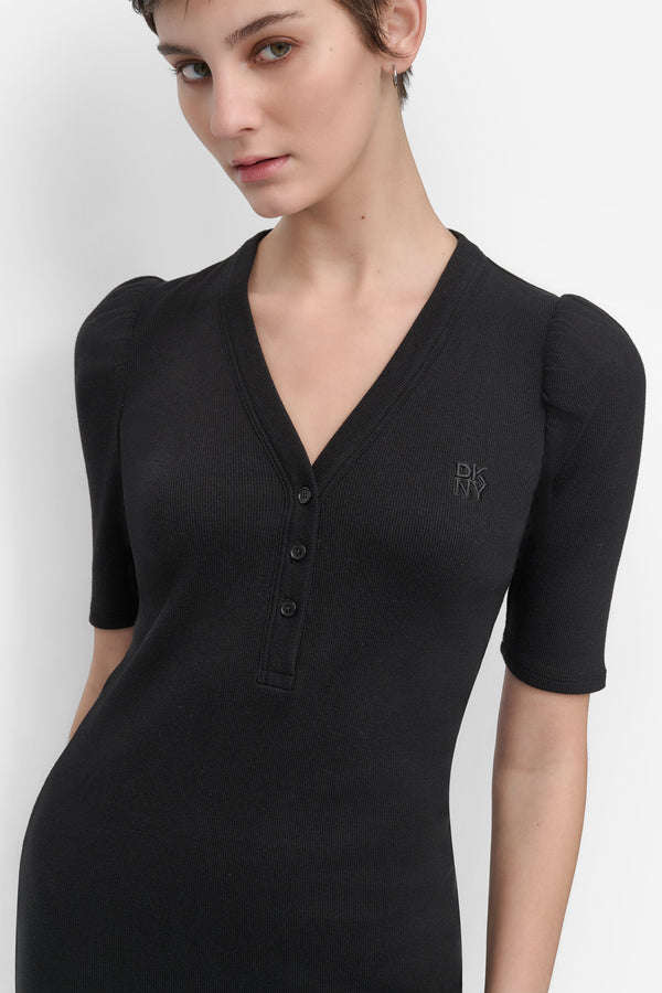 Dkny VNECK HENLEY LONG SLEEVE DRESS BLACK