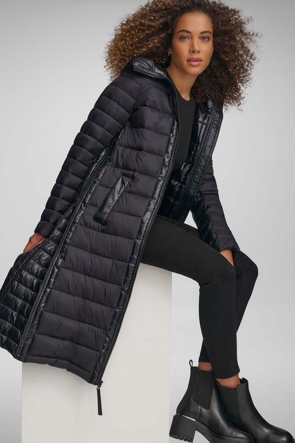Dkny DOWN FILL HOODED ZIP FRONT QUILTED PUFFER Black