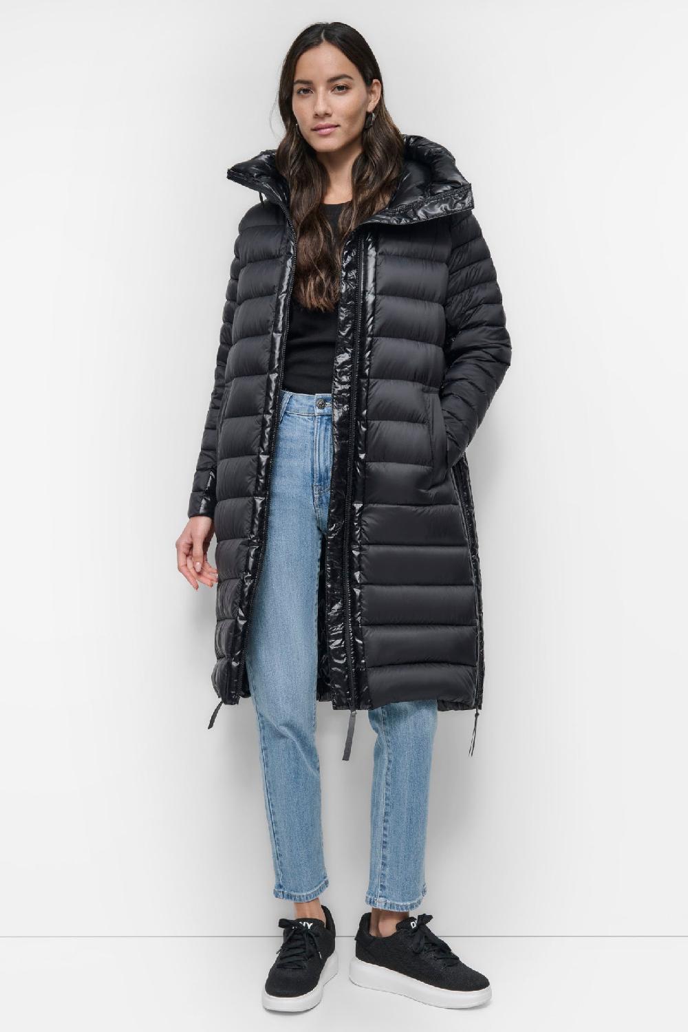 dkny DOWN FILL HOODED ZIP FRONT QUILTED PUFFER Black