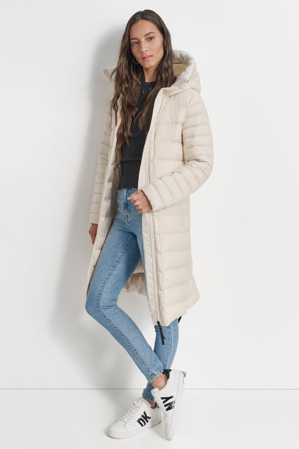Dkny DOWN FILL HOODED ZIP FRONT QUILTED PUFFER White