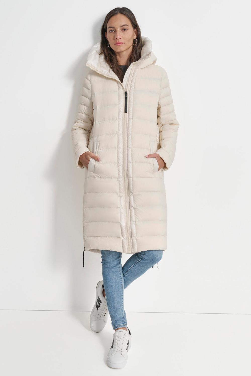 dkny DOWN FILL HOODED ZIP FRONT QUILTED PUFFER White