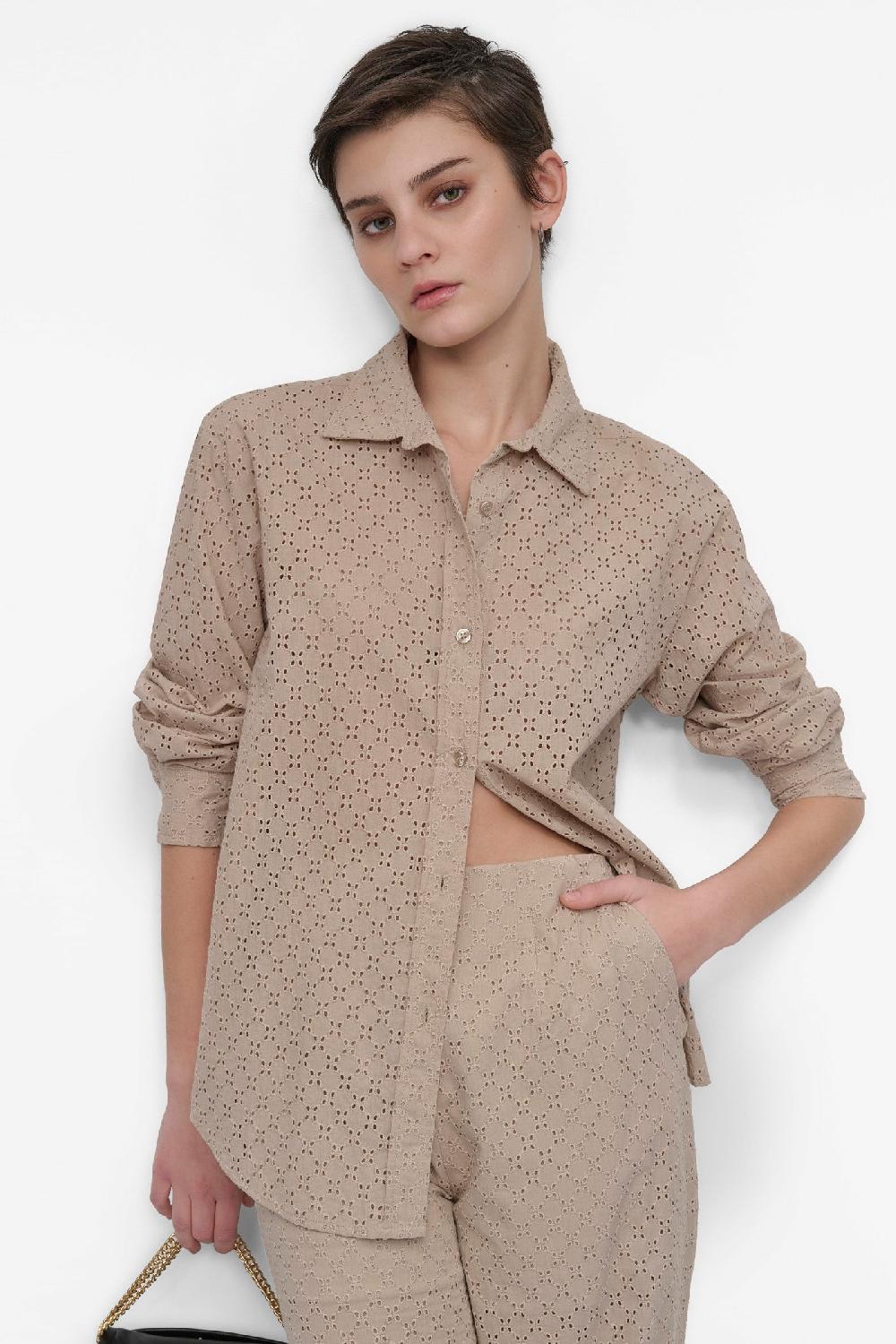 dkny EYELET LONG SLEEVE BUTTON FRONT SHIRT CLOVER PEBBLE