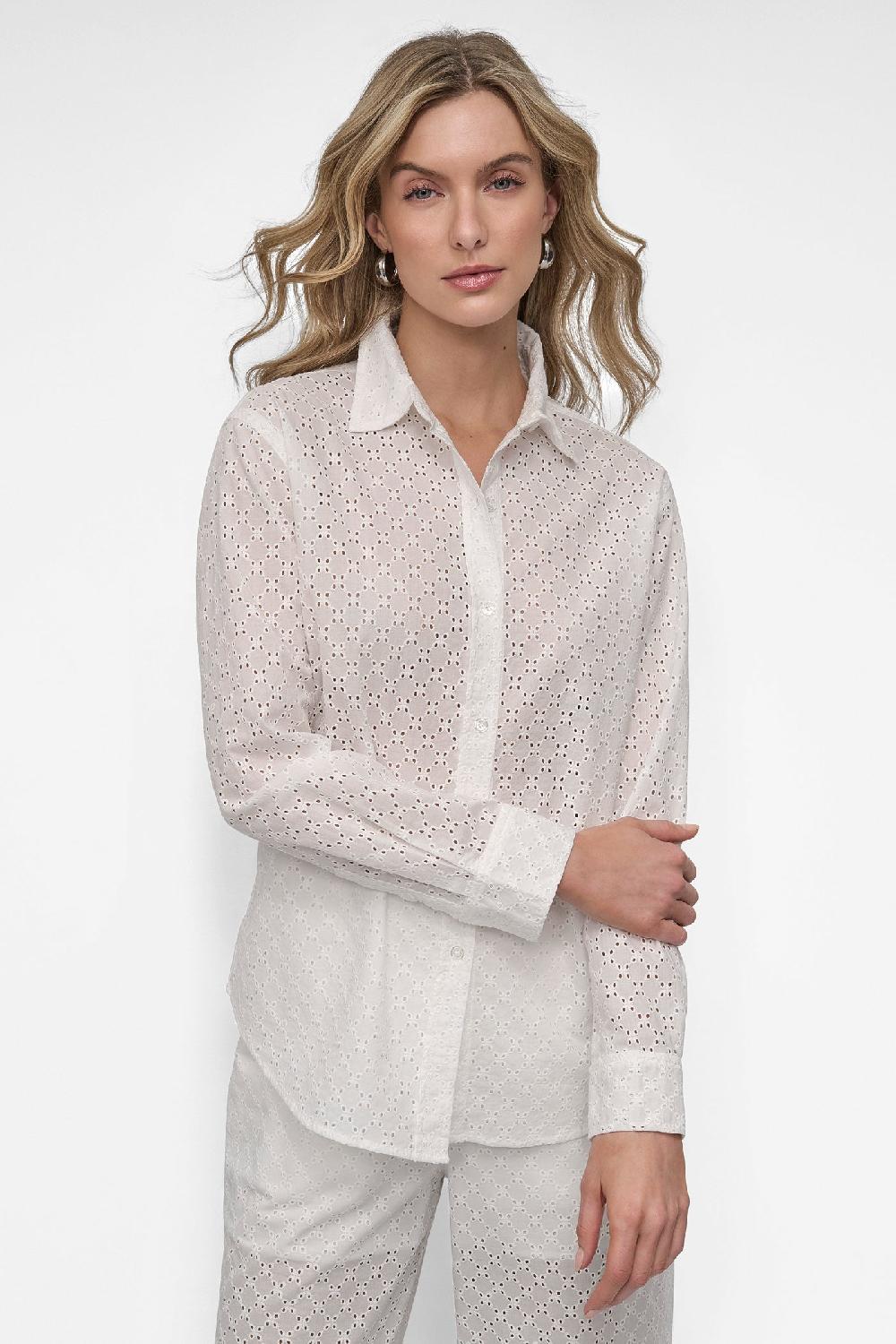 dkny EYELET LONG SLEEVE BUTTON FRONT SHIRT CLOVER WHITE