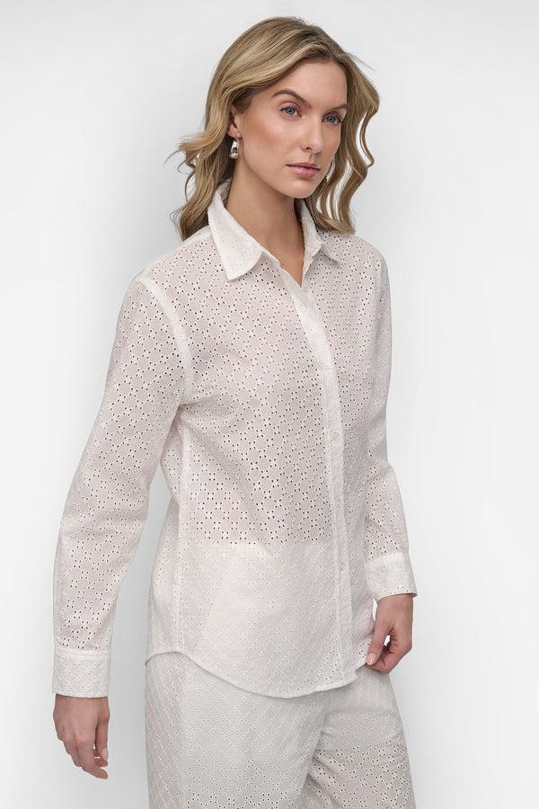 Dkny EYELET LONG SLEEVE BUTTON FRONT SHIRT CLOVER WHITE