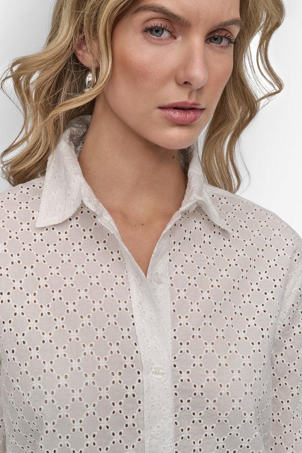 Dkny EYELET LONG SLEEVE BUTTON FRONT SHIRT CLOVER WHITE