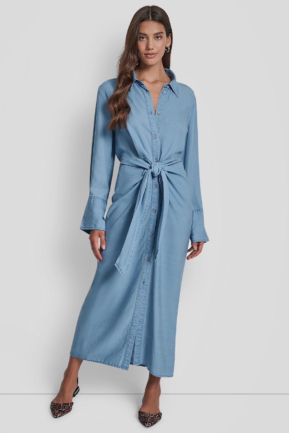 dkny GARMENT DYE LONG SLEEVE BUTTON FRONT SHIRTDRESS CHAMBRAY