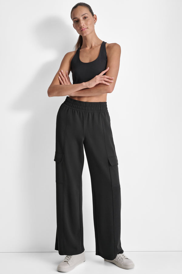 Dkny HIGH RISE SEAMED WIDE LEG CARGO SWEATPANT Black
