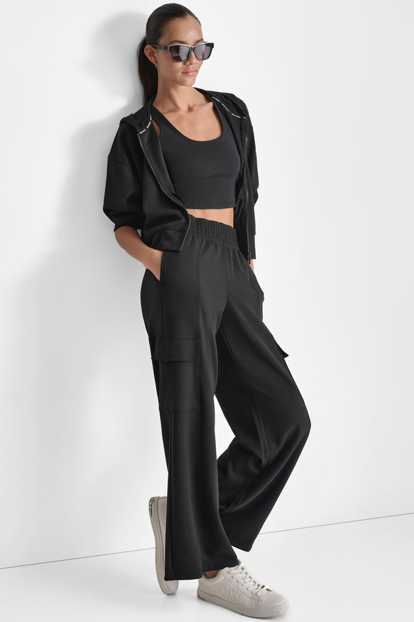 Dkny HIGH RISE SEAMED WIDE LEG CARGO SWEATPANT Black